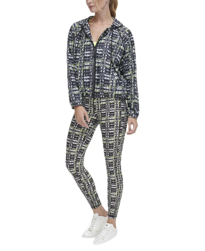 DKNY Women's Printed Windbreaker, Zest Boucle Plaid, XS