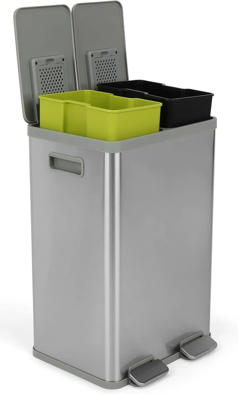 Simpli-Magic 40 Liter Rectangular Hands-Free Dual Compartment Recycling Kitchen Step Trash Can with Soft-Close Lid, Brushed Stainless Steel (2 x 20L Capacity) - Image 1