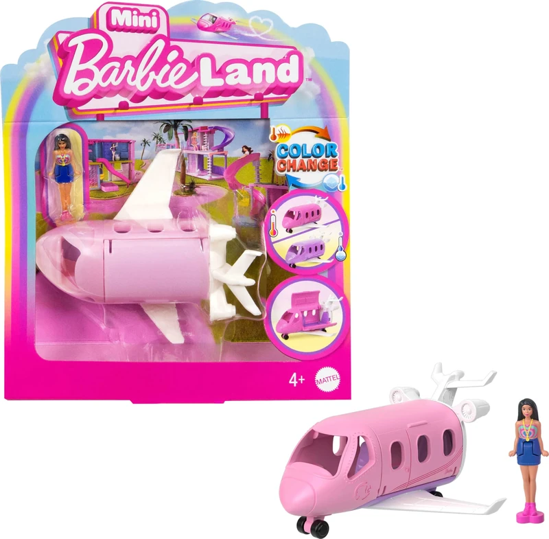 Barbie Mini BarbieLand Doll & Toy Vehicle Set, 1.5-inch Barbie Doll & Dreamplane with Working Doors & Color-Change, HYF40