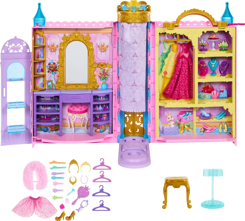 Mattel Disney Princess Closet Playset with 2 Fashions, 25 Accessories, Vanity, Dressing Room, Runway & Storage, Opens to 2 Feet, Movie-Inspired, HXC20, Gift Set Ready for the Ball