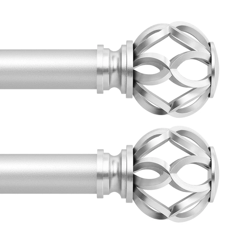 TVWOO Silver Decorative Farmhouse Curtain Rods 2Pack:36-88"Adjustable Heavy Duty Single Window Curtain Rod for Bedroom Living Room,Silver Boho Rustic Drapery Rod with Vintage Twist Finial Easy Install