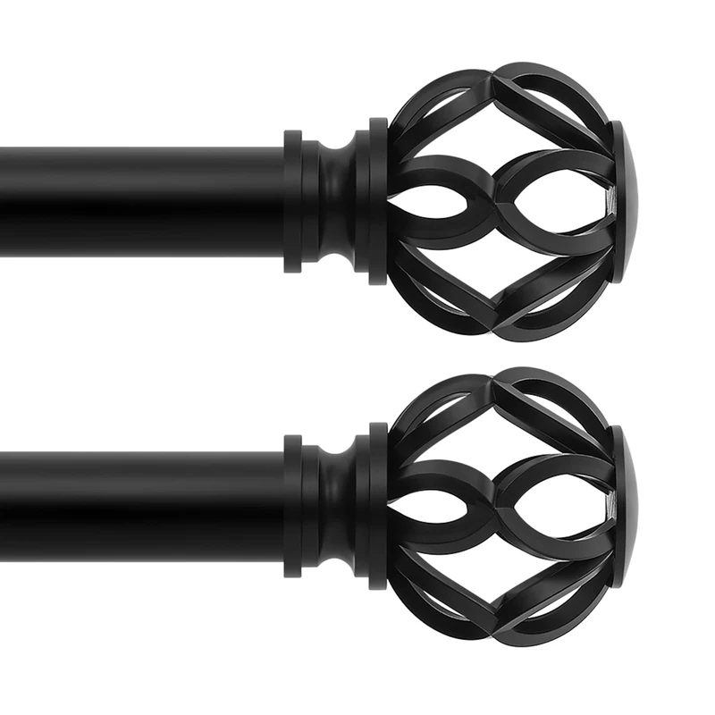 TVWOO Black Decorative Farmhouse Curtain Rods 2Pack:36-88" Adjustable Heavy Duty Single Window Curtain Rod for Bedroom Living Room,Black Boho Rustic Drapery Rods with Vintage Twist Finial Easy Install