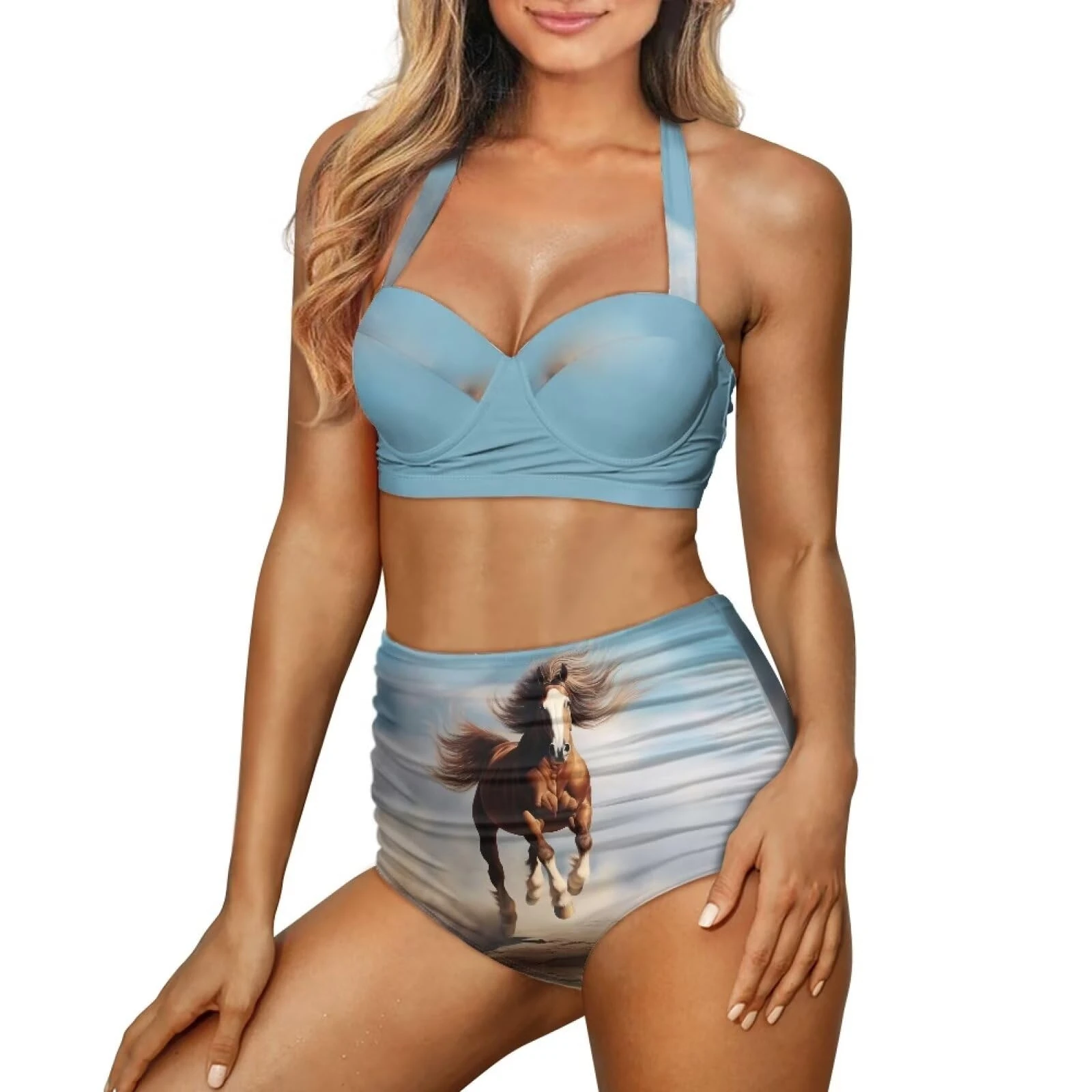 Howilath Horses 2 Pcs 1 Set Bikini for Women 3D Running Horse Swimsuit Top and Bottom Casual Swimwear Comfy Swimming Costume-M