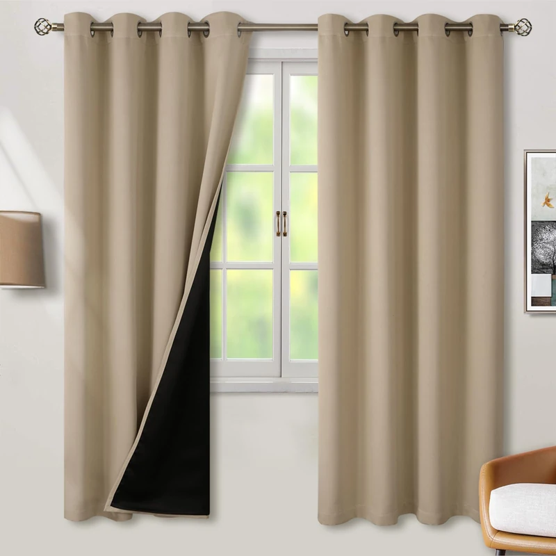 BGment Thermal Insulated 100% Blackout Curtains for Bedroom with Black Liner, Double Layer Full Room Darkening Noise Reducing Grommet Curtain (52 x 72 Inch, Sand, 2 Panels)
