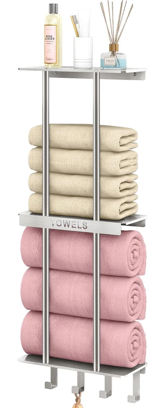 Towel Rack for Small Bathroom Storage Shelf,Bathroom Towel Holder Rack Wall Mount With Metal Shelf,New Upgrade 3 Tier & 4 Hooks,Bath Shelf with Towel Bar Can Hold 6 Large Rolled Towels,Brushed Nickel