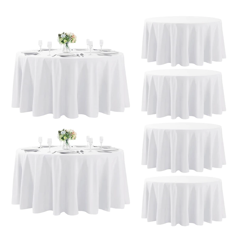 Fokitut 6 Pack Round Tablecloth, 132 Inch, Stain Resistant and Wrinkle Polyester Table Cloth, Fabric Table Cover for Kitchen Dining, Wedding, Party, Holiday Dinner-White