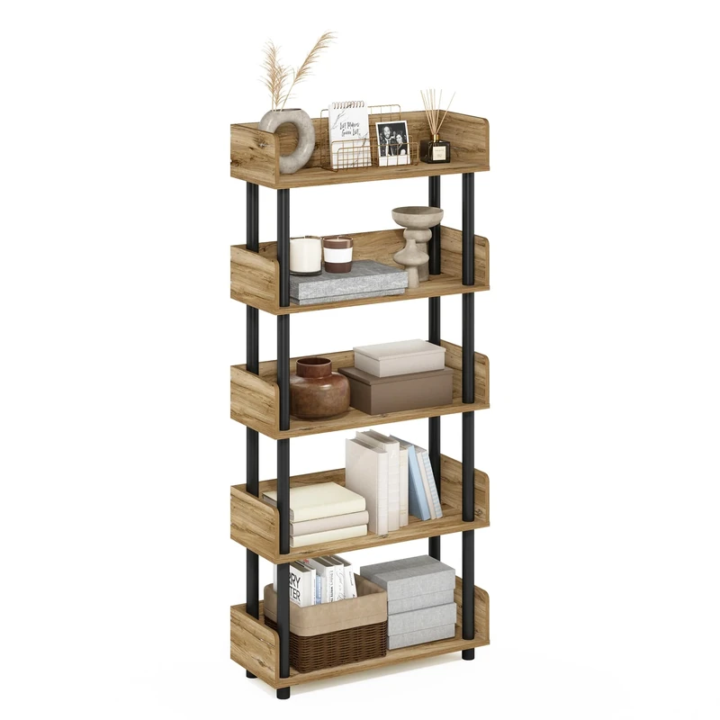 Furinno TURN-N-TUBE 4-Tier Display Shelf, Storage Shelves, Book Shelf, Open Shelves with Rounded Corner Top Edges, for Organization and Storage, Living Room, Home Office, Flagstaff Oak