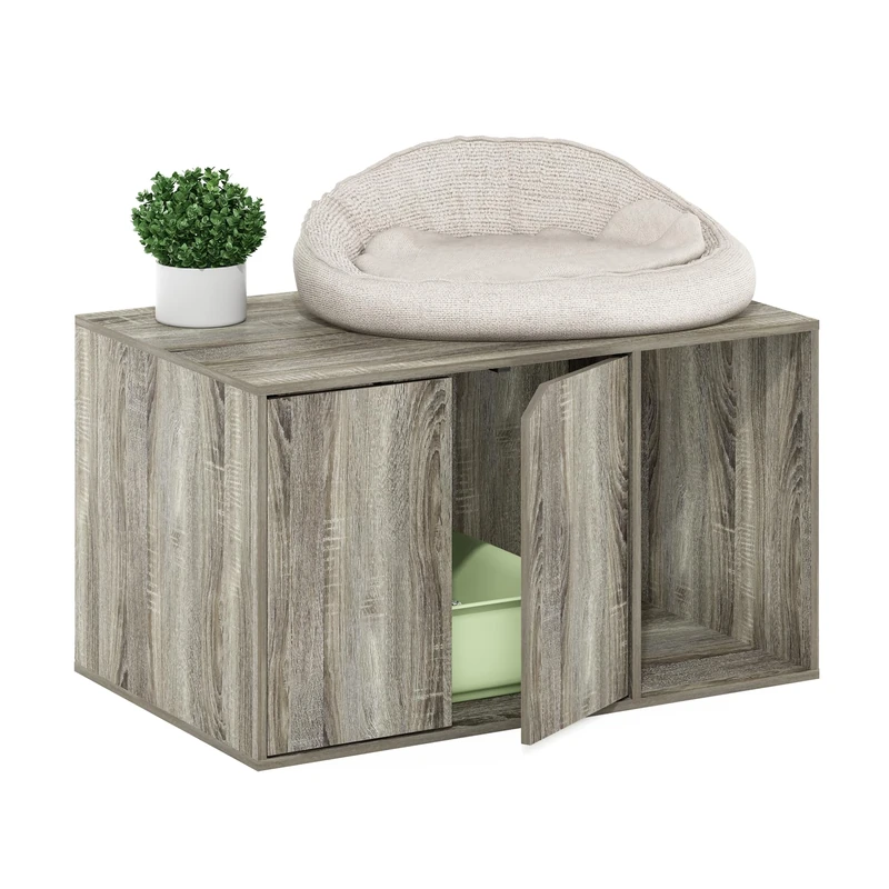 Furinno PELI Cat Litter Box Enclosure, 31 Wide Hidden Litter Box Furniture with Side Entrance, Wooden Pet House with Doors, Easy Assembly, for Living Room, French Oak Grey