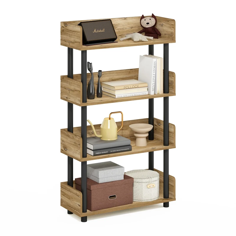 Furinno TURN-N-TUBE 4-Tier Display Shelf, Storage Shelves, Book Shelf, Open Shelves with Rounded Corner Top Edges, for Organization and Storage, Living Room, Home Office, Flagstaff Oak