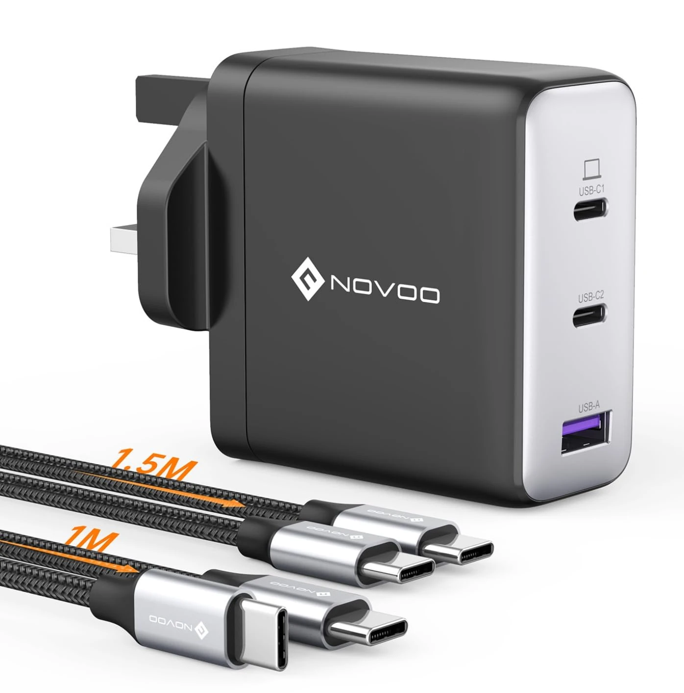 NOVOO USB C Charger, MacBook Pro/Air Charger, 3-Port 120W GaN Fast Charger, PD3.0, PPS, USB Plug UK, USB-C Laptop Charger for MacBook Pro, MacBook Air, iPhone 16/15, Galaxy S24/S23, iPad, Laptops