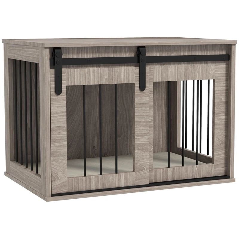 PawHut Dog Crate Furniture, Large Dog Cage with Barn Door for Medium Breeds, End Side Table Pet Kennel with Removable Cushion for Indoor Use, 80 x 54 x 57cm, Walnut Brown