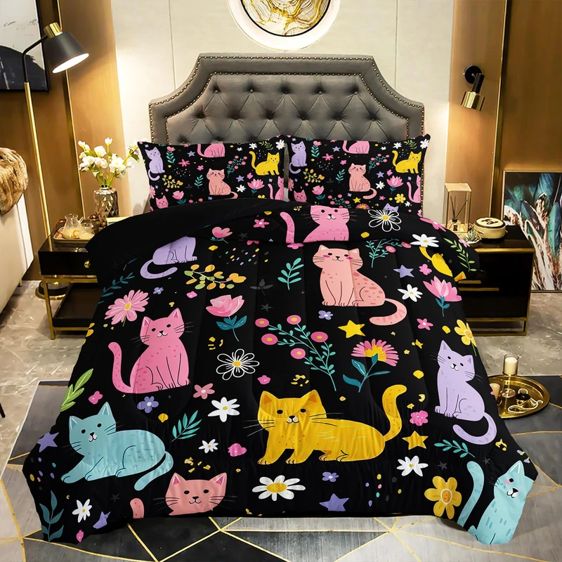 QOOMO Floral Cat Comforter Full Size,Black Cats Bedding Set for Kids Teens Girls,3Pcs Bedding Set Printed Comforter with 2 Pillowcases,Down Alternative,Soft and Lightweight(Black，Full Size)