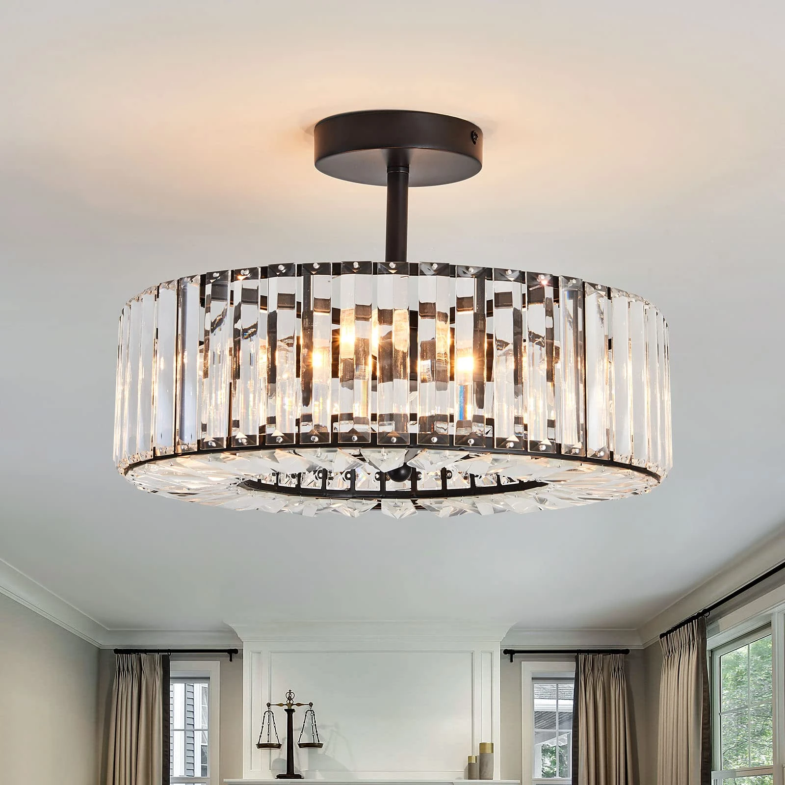 4 Lights Modern Crystal Chandelier Black Round Semi Flush Mount Ceiling Light Fixture Farmhouse Chandelier for Dinning Room Living Room Bedroom Hallway Entryway Kitchen Made in China