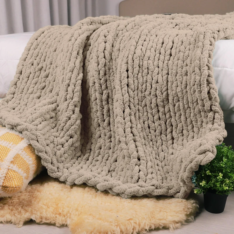 Carriediosa Chunky Knit Throw Blanket 50" X 60", 100% Hand Made Large Chenille Loop Yarn Soft Fluffy Throws for Couch Sofa Bed, Big Crochet Cozy Heavy Thick Cable Woven Blanket, Taupe