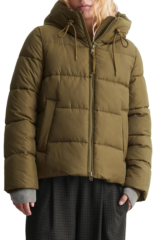 Marc O'Polo Denim Women's Quilted Jacket with Hood Water-Repellent, Green, M