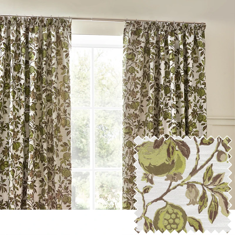 furn. Wylder Tropics Pomegranate Floral Jacquard Pencil Pleat Curtains - 2 Panels - Width x Drop - 117 x 183cm (46 x 72) - Green