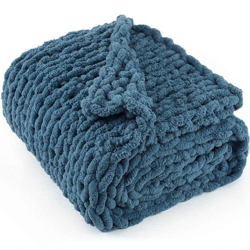 LONG CREATE Chunky Knit Throw Blanket 60"X 80", 100% Handmade with Soft Chenille Yarn, 6.7lbs Thick Cable Knitted Blankets, Large Rope Knot Crochet Throws for Couch Sofa Bed Home Decor, Mineral Blue