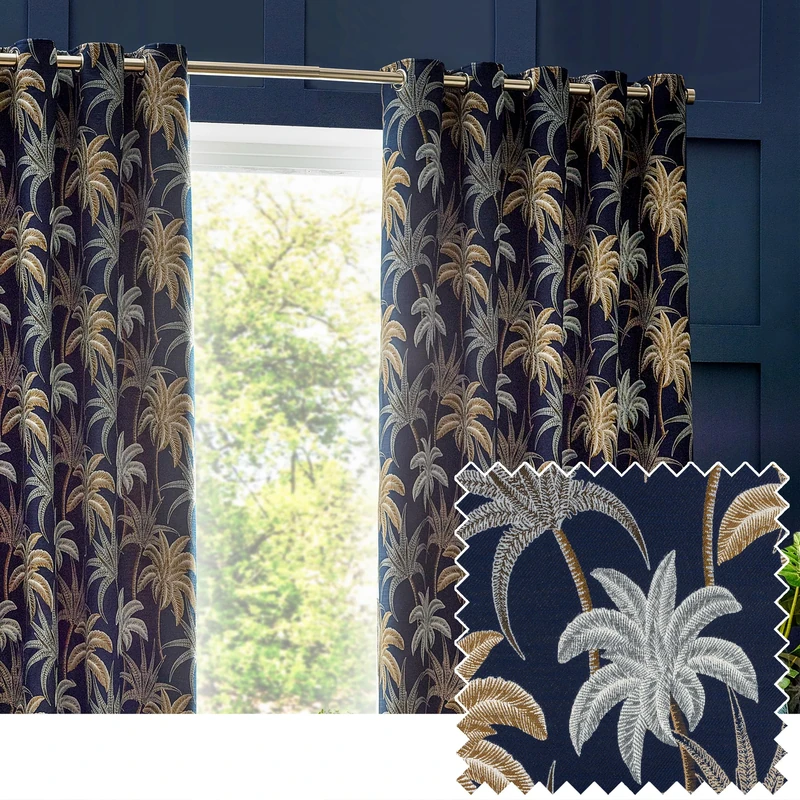 furn. Wylder Tropics Galapagos Jacquard Eyelet Curtains, 168cm x 183cm, Navy