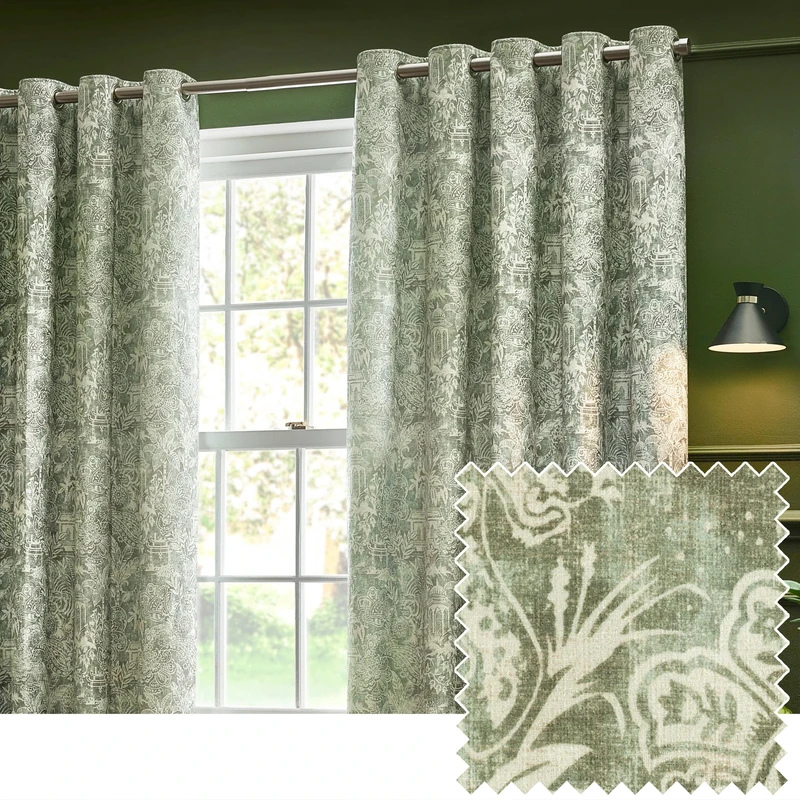 Wylder Tropics Bengal Chenille Eyelet Curtains - 2 Panels - Width x Drop - 229 x 183cm (90 x 72) - Sage
