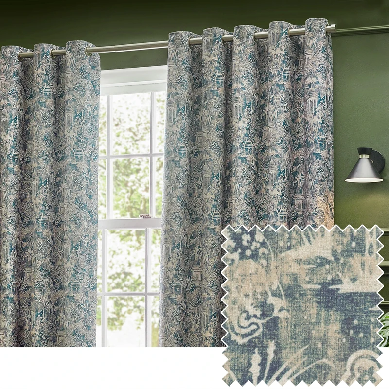 furn. Wylder Tropics Bengal Chenille Eyelet Curtains - 2 Panels - Width x Drop - 168 x 137cm (66 x 54) - Wedgewood