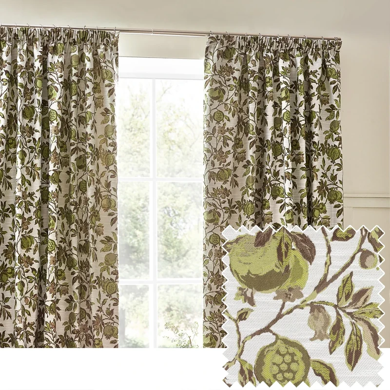 furn. Wylder Tropics Pomegranate Floral Jacquard Pencil Pleat Curtains - 2 Panels - Width x Drop - 168 x 137cm (66 x 54) - Green