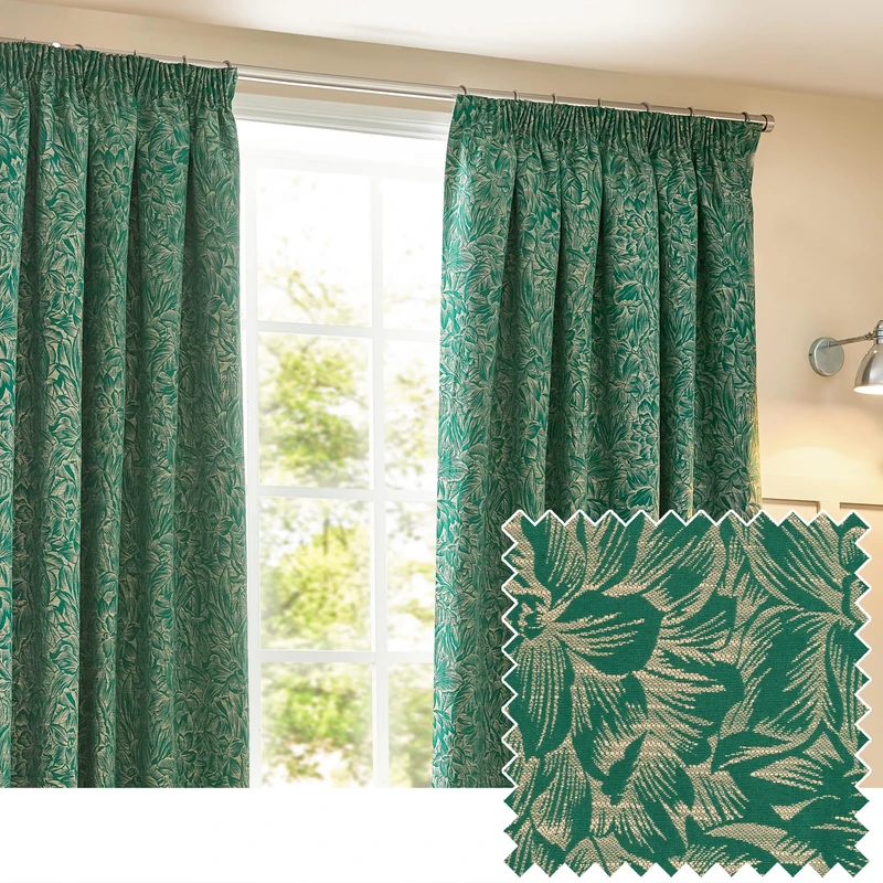 furn. Wylder Nature Grantley Jacquard Pencil Pleat Curtains - 2 Panel - Width x Drop - 168 x 229cm (66 x 90) - Emerald