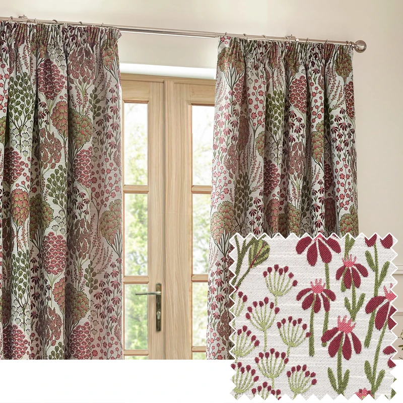 furn. Wylder Nature Ophelia Floral Jacquard Pencil Pleat Curtains - 2 Panels - Width x Drop - 229 x 137cm (90 x 54) - Redwood