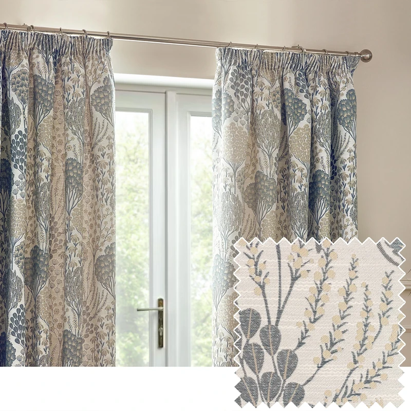 furn. Wylder Nature Ophelia Floral Jacquard Pencil Pleat Curtains, W 90.2" x L 72" (1 Panels), Wedgewood