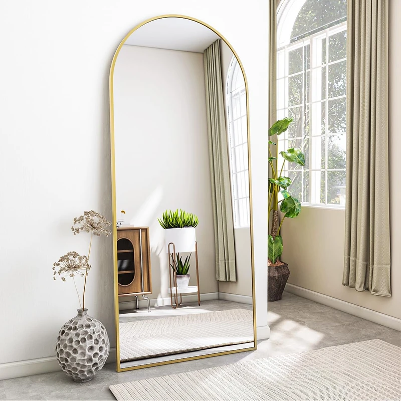 Koonmi 60 x 165 cm Arch Mirror Full Length, Large Beautiful Standing Floor Full Body Dressing Mirror with Cruved Top Wall Mounted, Leaning for Living Room, Gold - Image 1