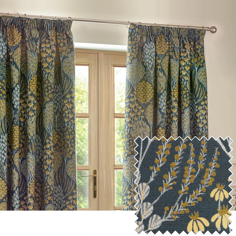 furn. Wylder Nature Ophelia Floral Jacquard Pencil Pleat Curtains - 2 Panels - Width x Drop - 229 x 183cm (90 x 72) - Blue/Saffron