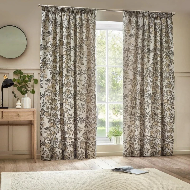 furn. Wylder Tropics Pomegranate Floral Jacquard Pencil Pleat Curtains - 2 Panels - Width x Drop - 229 x 229cm (90 x (0") - Natural