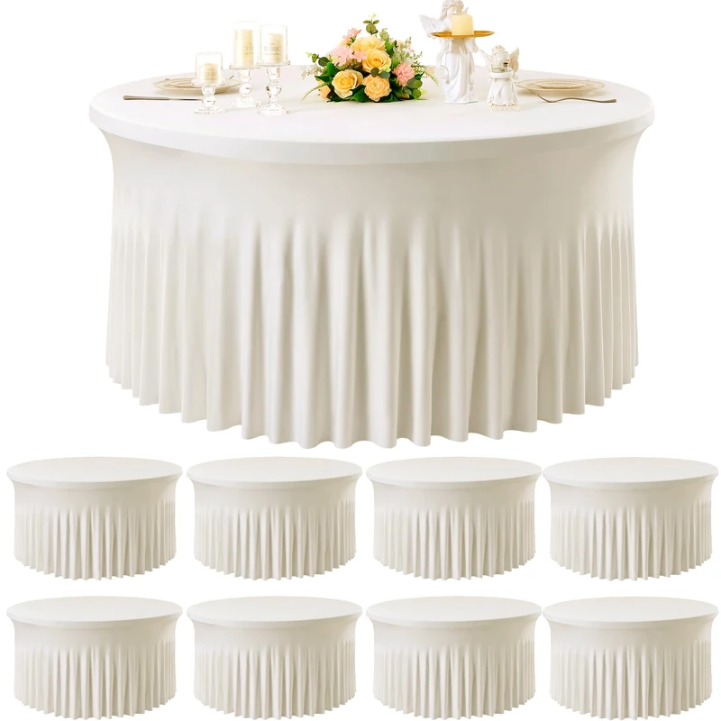 Htper 8 Pack Ivory Spandex Round Tablecloths for 72 inch Table, Wrinkle Free 132inch Stretchy Fitted Table Cloths 6ft Round Tablecovers with Skirt for Wedding Birthday Parties Banquet Events