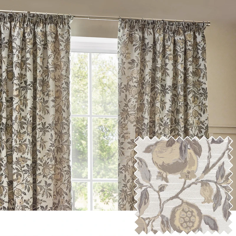 furn. Wylder Tropics Pomegranate Floral Jacquard Pencil Pleat Curtains - 2 Panels - Width x Drop - 168 x 137cm (66 x 54) - Natural