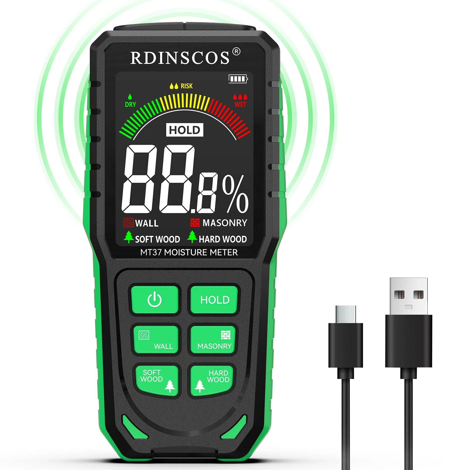 RDINSCOS Pinless Moisture Meter for Wall Rechargeable Damp Meter with Color Display and Audible Alarm,Non-Destructive Moisture Detector for Wall,Masonry,Wood,Building Material