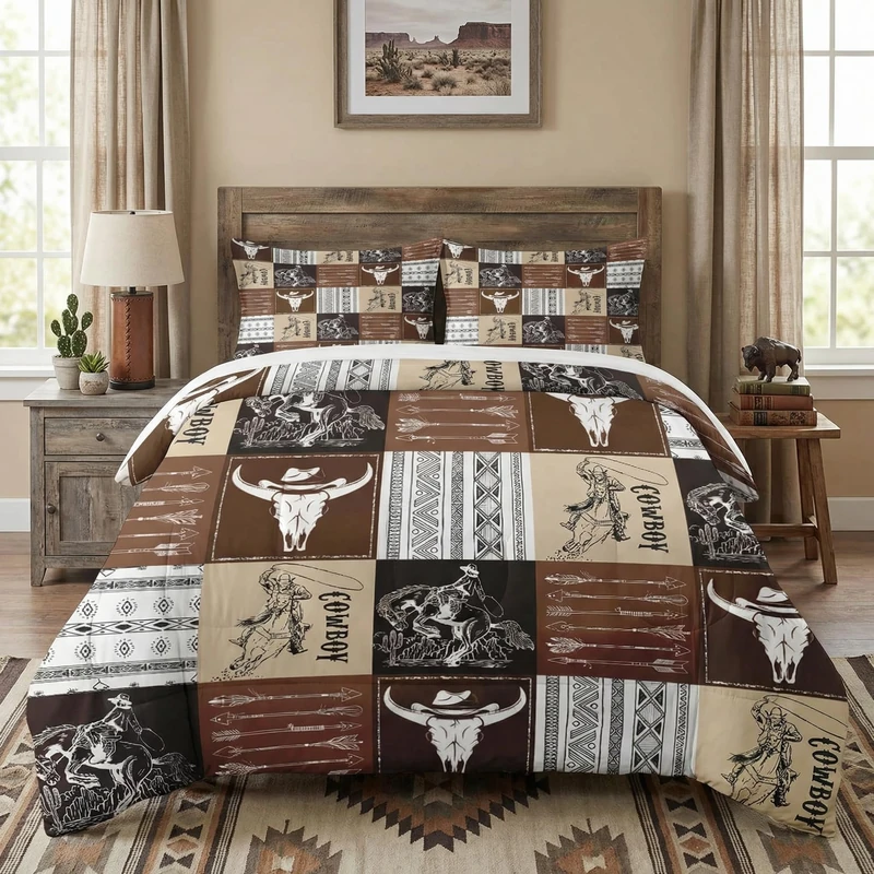 WeCozy Full Size Comforter Set with 2 Pillowcases, Cowboy Vintage Brown Desert Bedding Set for Kids and Adults, Western Animal Cow Skull Soft Comforter Set for Bedroom Bed Decor