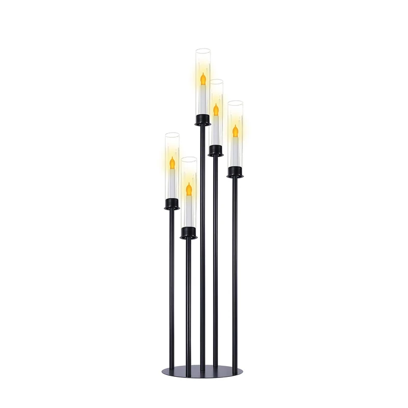 Black Candelabra with Glass Cylinders for Real Candles 5 Head Metal Candle Holder Wedding Centerpiece Ceremony Reception Event Party Home Decoration (1, L)
