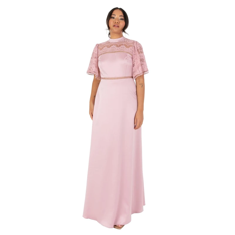 Maya Deluxe Women's Women's Ladies Maxi Dress Flutter Sleeve Round Neck Lace Trim Satin for Wedding Guest Evening Occasion Prom Ball Gown Dress, Blush Pink,