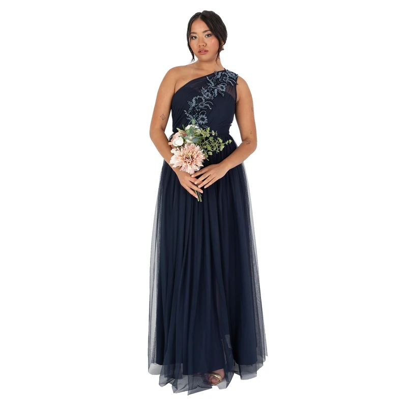 Maya Deluxe Women's Women's Ladies Maxi Dress Sleeveless One Shoulder Sequin Embellished Tulle Split Slit A-line for Evening Prom Ball Gown Dress, Navy Blue,