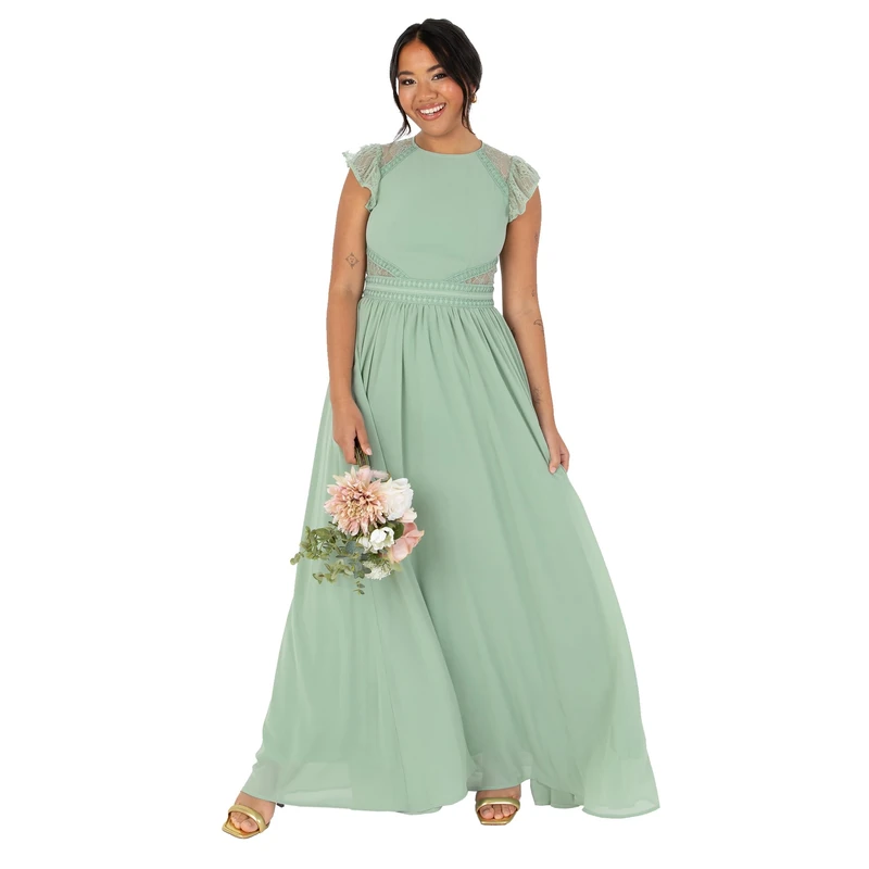 Maya Deluxe Womens Ladies Maxi Crew Neckline Short Flutter Sleeve Lace Trim A-line for Wedding Guest Evening Prom Ball Gown Dress, Deep Sage, 20 UK