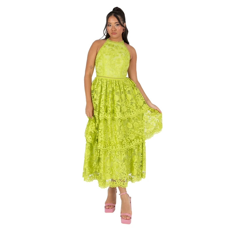 Maya Deluxe Women's Ladies Midi Dress Halterneck Sleeveless Tiered Skirt Floral Lace A-line for Wedding Guest Evening Occasion Prom Lime Green 16