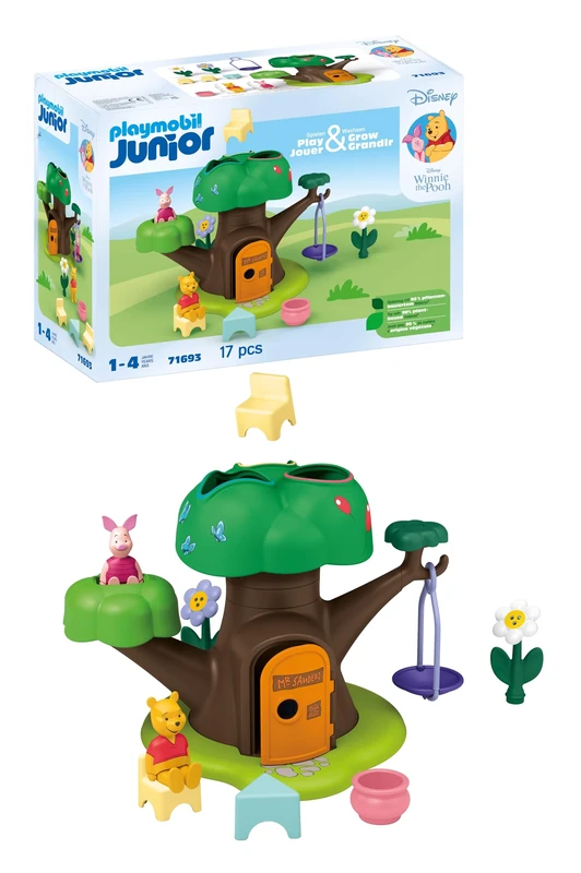 Playmobil 71693 JUNIOR & Disney: Winnie the Pooh's & Piglet's Tree House, including swing, sustainable toy made from plant-based plastics, gifting toy, play sets suitable for children ages 1+