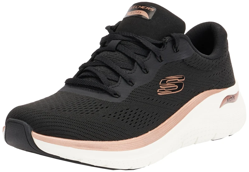 Skechers Women's Arch Fit 2.0 Glow The Distance Slip-On Sneakers, Black Mesh/Rose Gold Trim, 7 UK