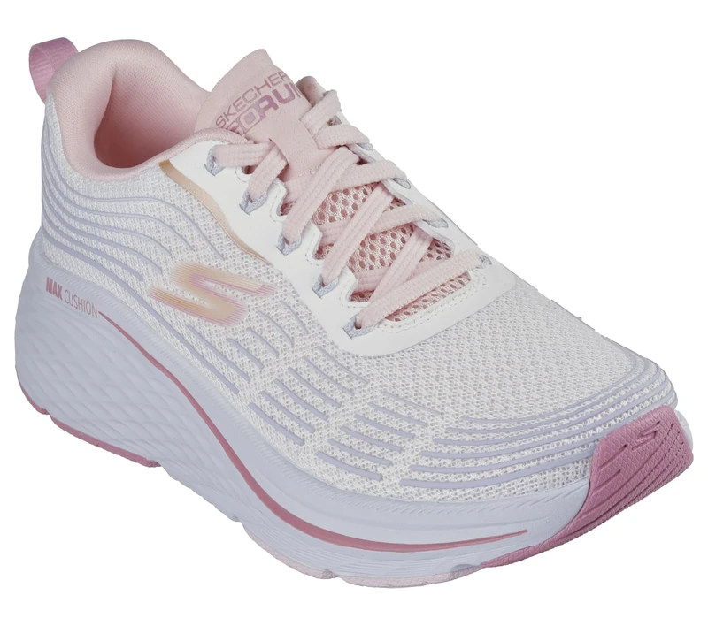 Skechers Women's Max Cushioning Elite 2.0 Alaura Sneaker, White Textile/Blue Trim/Light Pink Trim, 8 UK