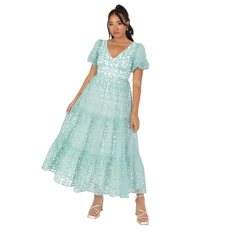 Maya Deluxe Women's Women's Ladies Midi Dress V-Neck Short Puff Sleeves Keyhole Back Floral Embroidery Tie Bow A-line for Wedding Guest Prom Dress, Vert Menthe,