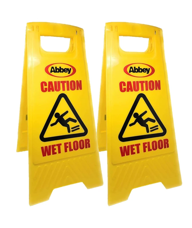 Abbey Pack of 2 Warning Caution Wet Floor Sign Yellow 640mm Height – Cleaning in Progress Floor Sign Printed on the Other Side – Mini Wet Floor Sign Ideal for Commercial Business use