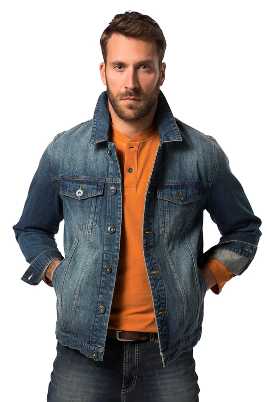 JP 1880 Menswear Big & Tall Plus Size L-8XL Denim Jacket, Breast Pockets, Button Placket Blue Denim 8XL 826234902-8XL