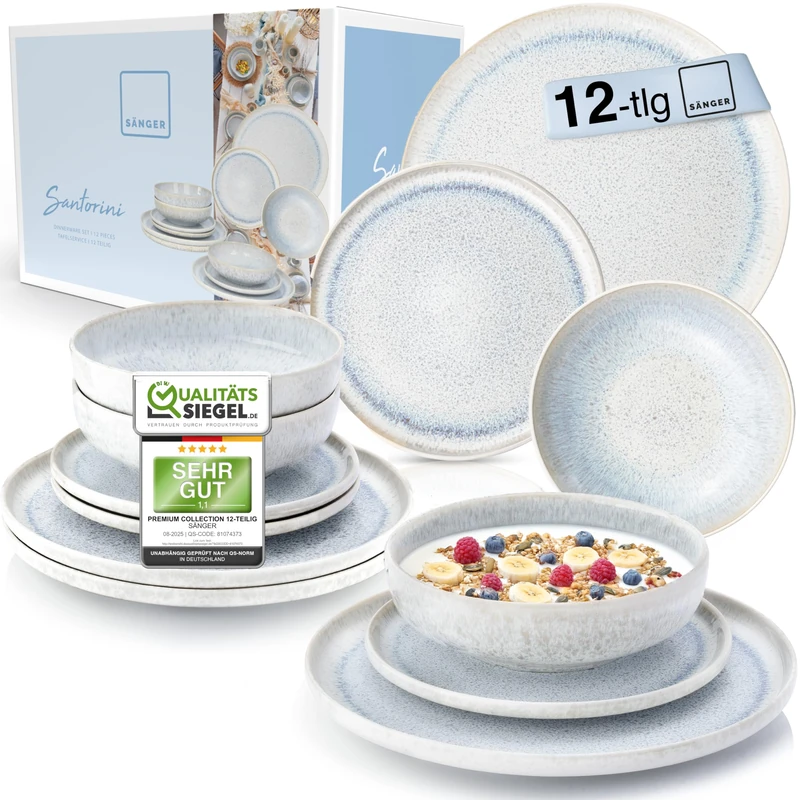 SÄNGER Santorini Dinner Service 12 Pieces, Plate Set for 4 People Test Very Good, Stoneware Crockery Set Including Food, Dessert Plate and Deep Plate, Cream with Lilac Blue Gradient, Premium