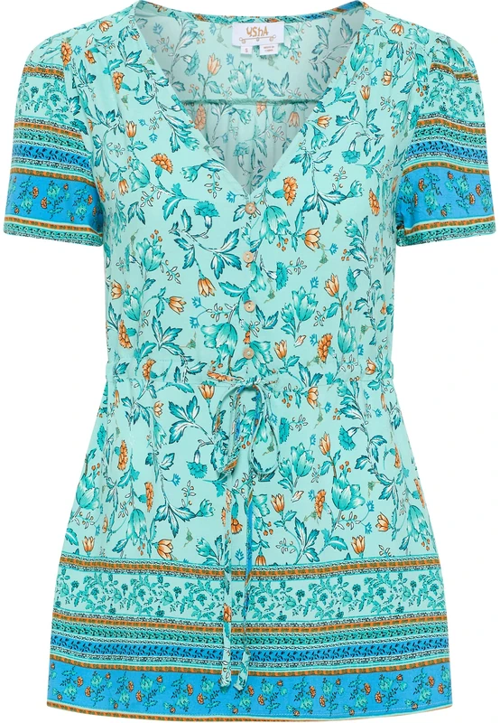 Jika Women's Short-Sleeved Blouse, Turquoise Multi-Coloured, Large