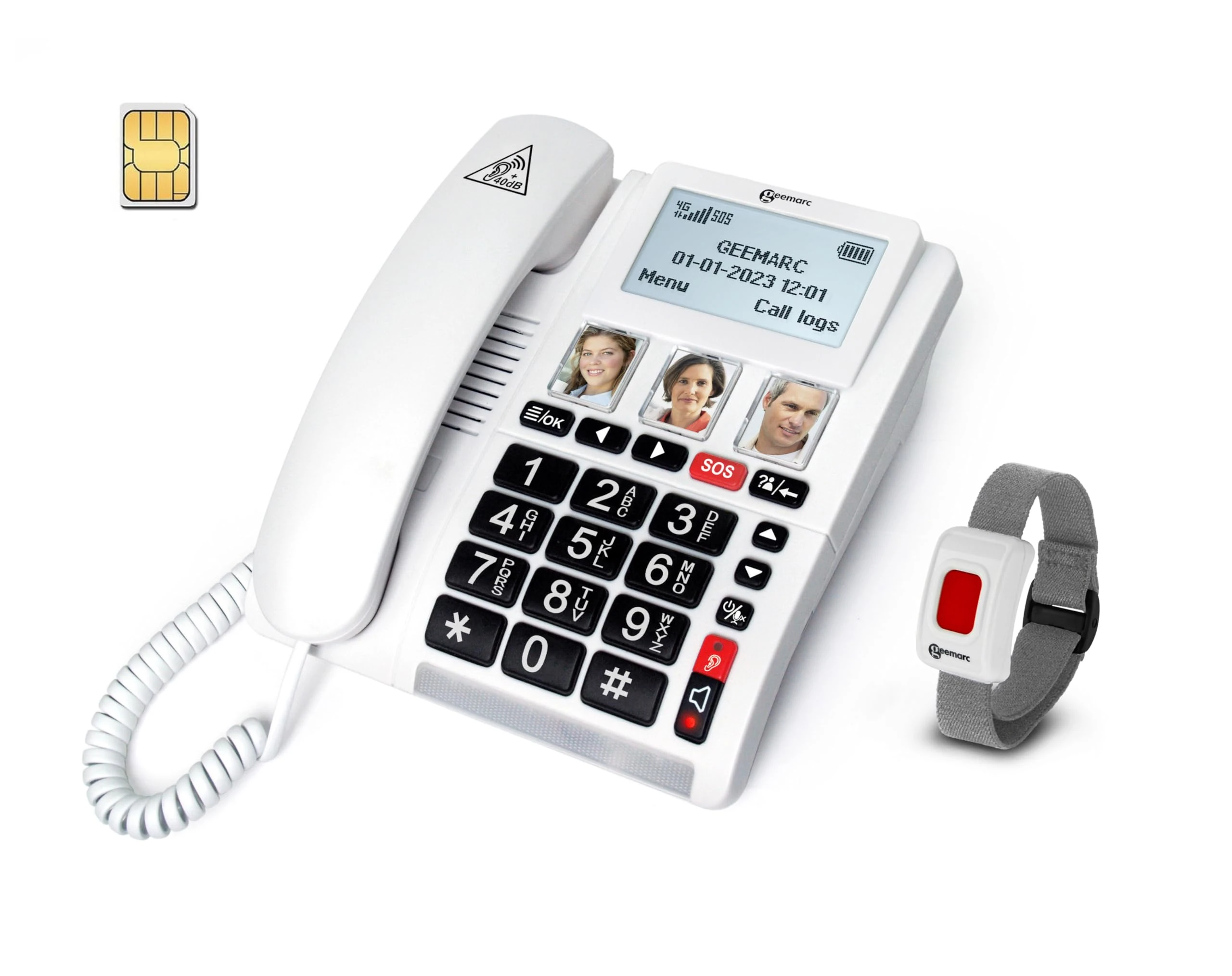 Geemarc CL9000 Home Emergency Call Phone and SOS Bracelet Waterproof with Big Buttons, Amplified Volume and Backlit Screen - Only Work with SIM Card