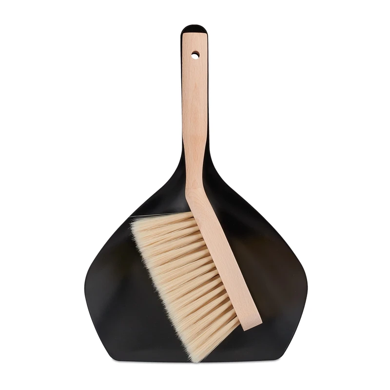 Relaxdays Sweeping Set, Household & Camping, Metal & Beechwood, Hand Brush & Dustpan, 6 x 21.5 x 33 cm, Black/Natural, Wood, Iron, Polyester